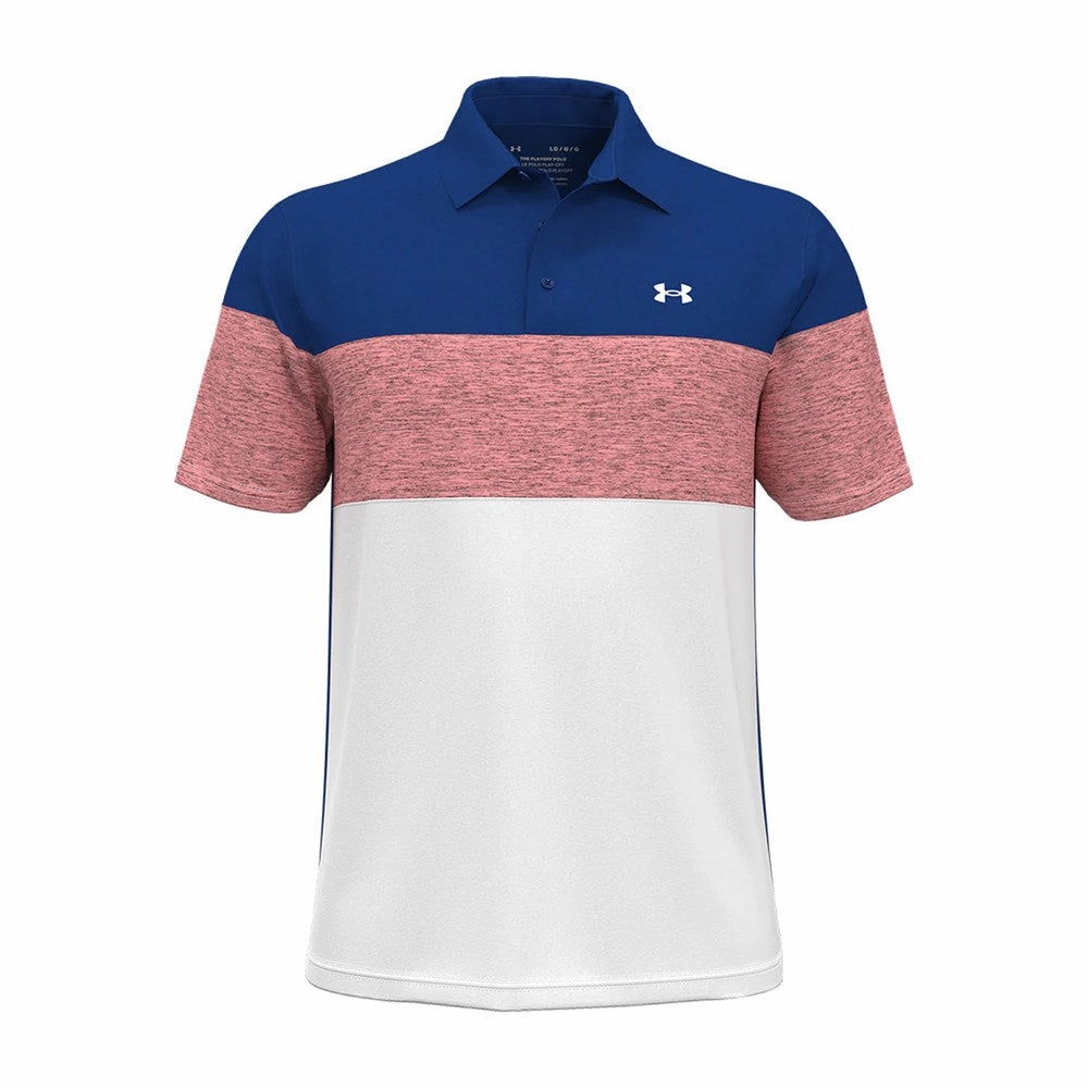 Under Armour Playoff Blocked Golf Polo Shirt - Royal/Pink Sands UV-Resistant Smart Office