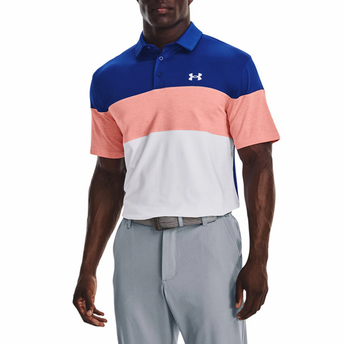 Under Armour Playoff Blocked Golf Polo Shirt - Royal/Pink Sands Party Ready Dress Up Or Down