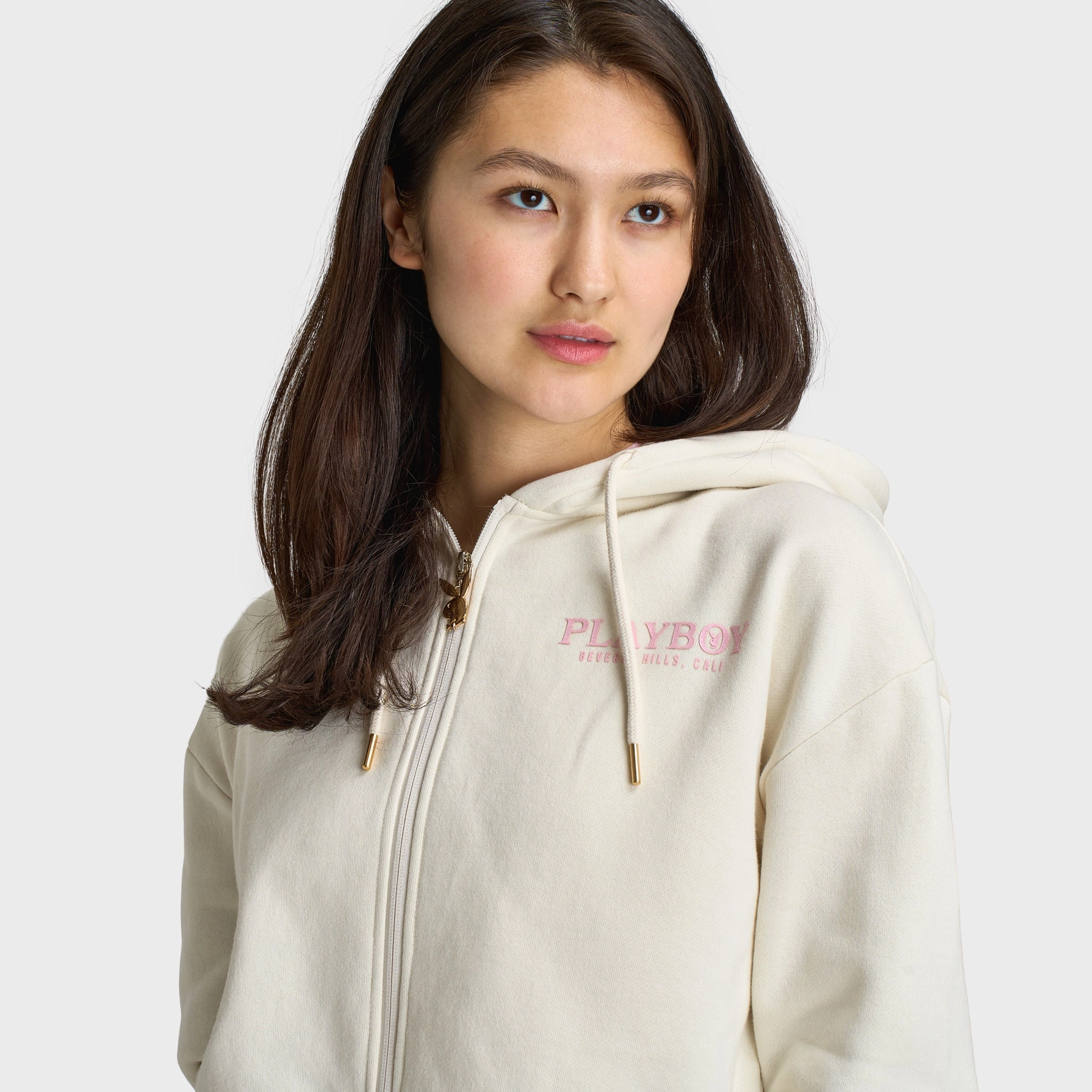 Playboy Casa Full Zip Cropped Hoodie Off White / Pinkesque Waterproof Stitch Details Sporty Touch