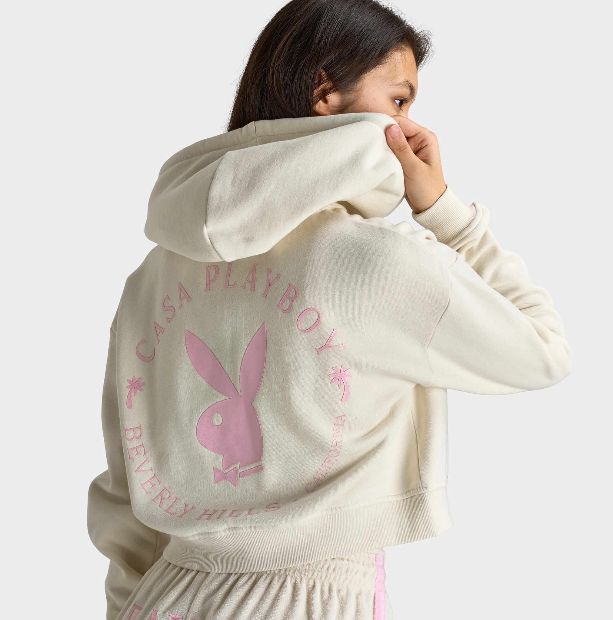 Playboy Casa Full Zip Cropped Hoodie Off White / Pinkesque DurableOuterShell Zip Pockets