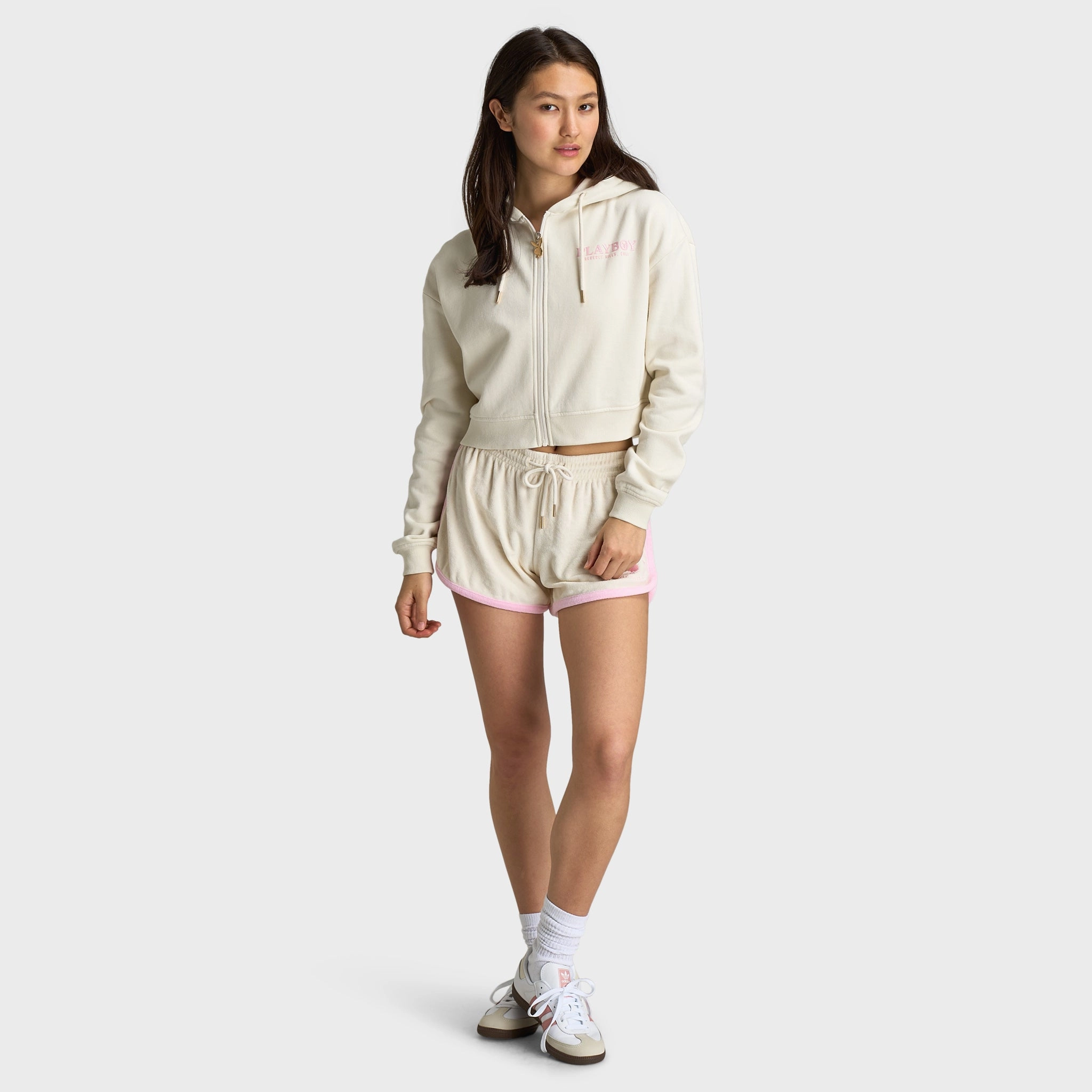 Playboy Casa Full Zip Cropped Hoodie Off White / Pinkesque Stretch Fit