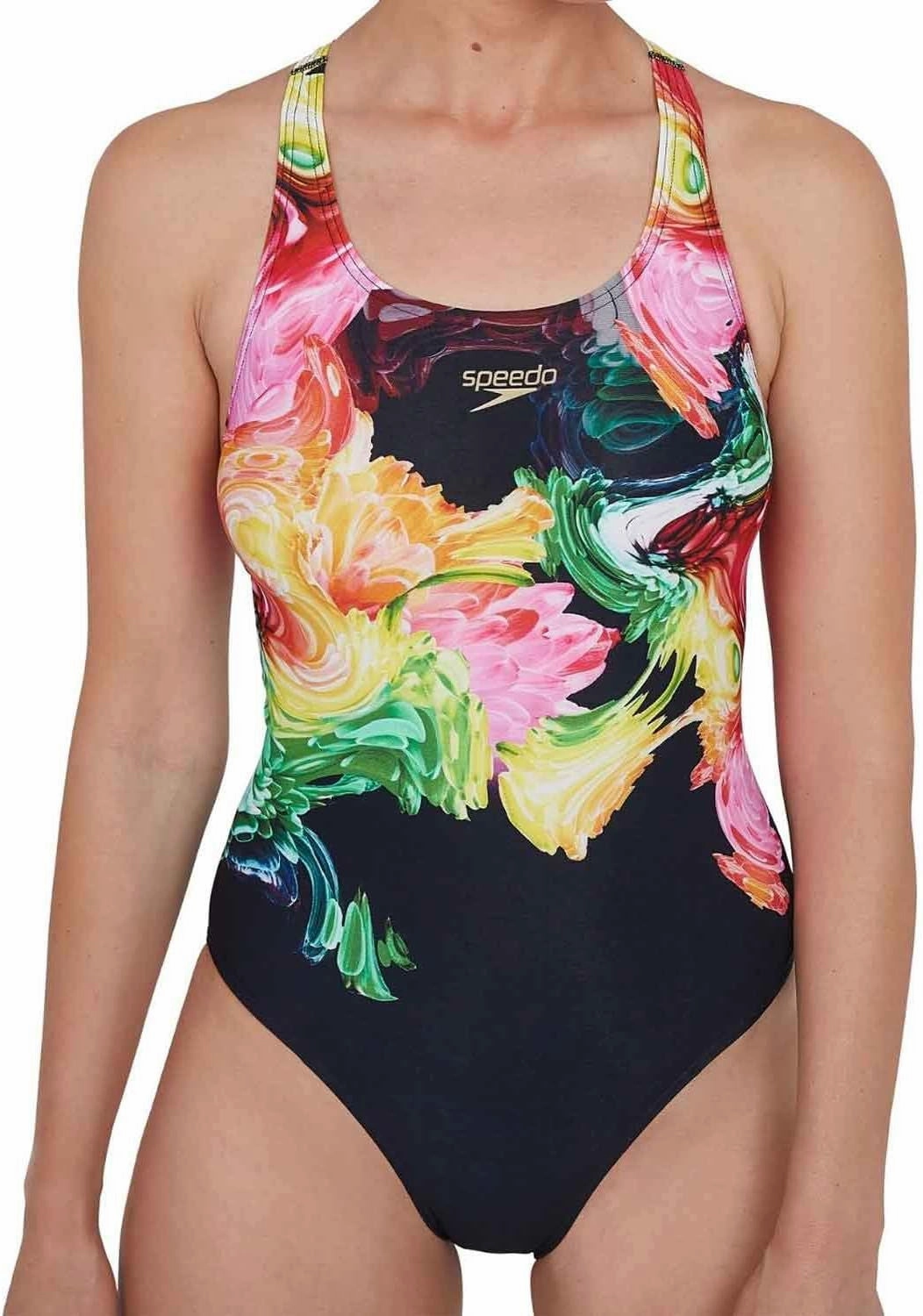 Speedo ColourBlend Placement Digital Powerback Womens Swimsuit - Black Anti Pilling Technology Durable Stretch Fibers