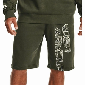 Under Armour Rival Fleece Camo Script Mens Training Shorts - Green Quick Core