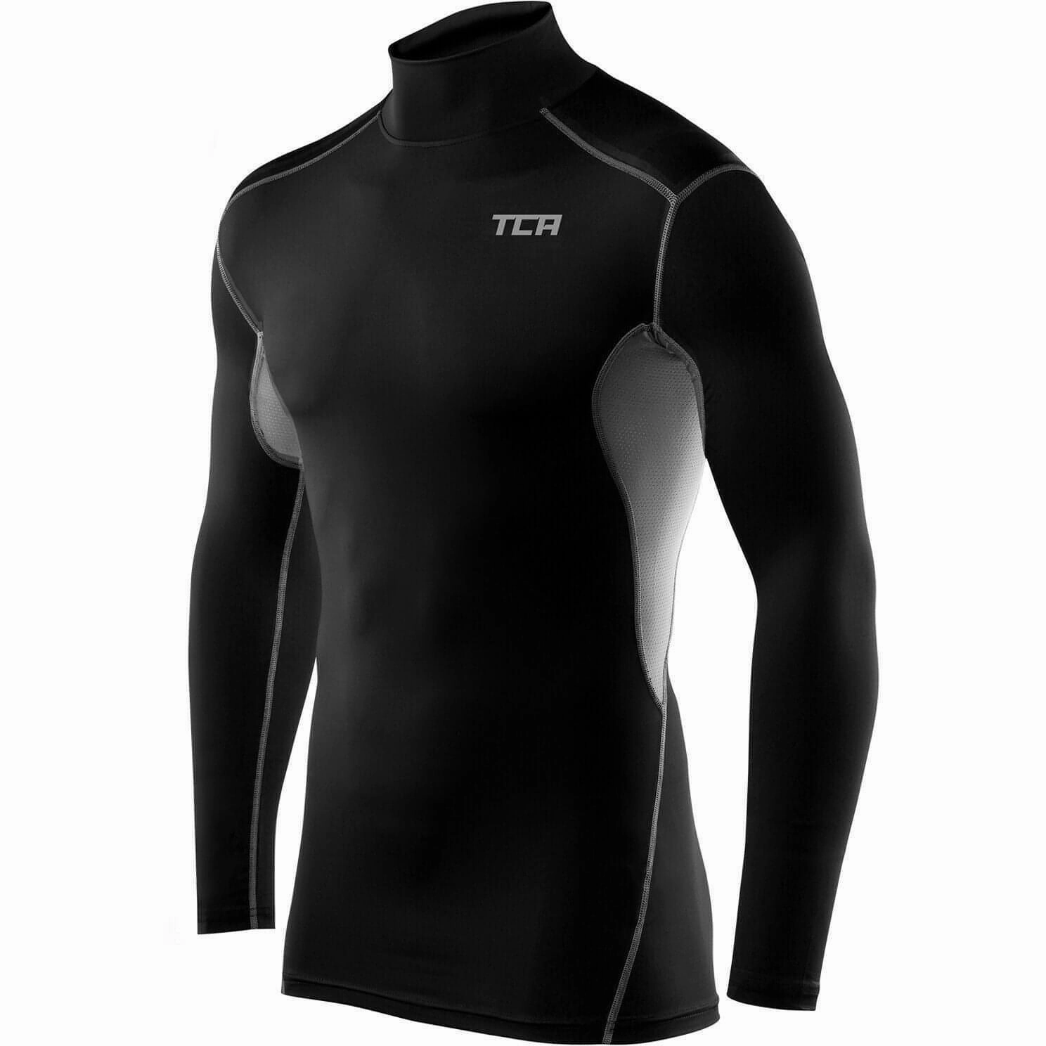 TCA HyperFusion Mock Neck Long Sleeve Mens Compression Top - Black Flat