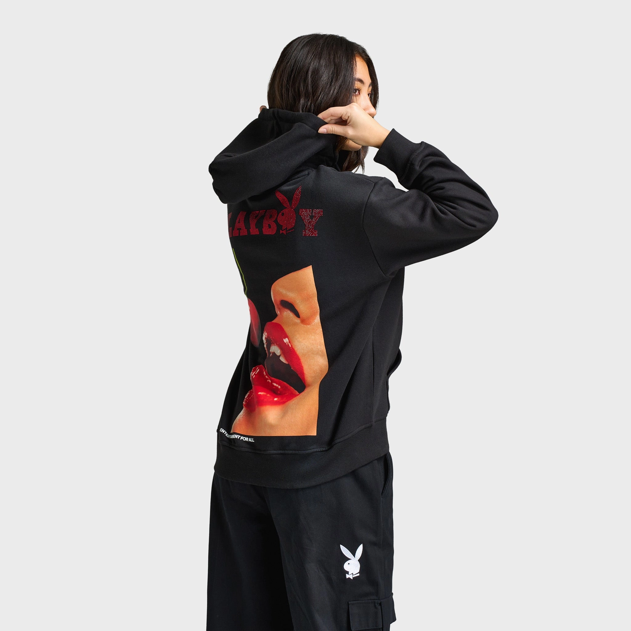 Playboy Cherry Diamonte Hoodie / Black Modern Fit Clean Minimal Look