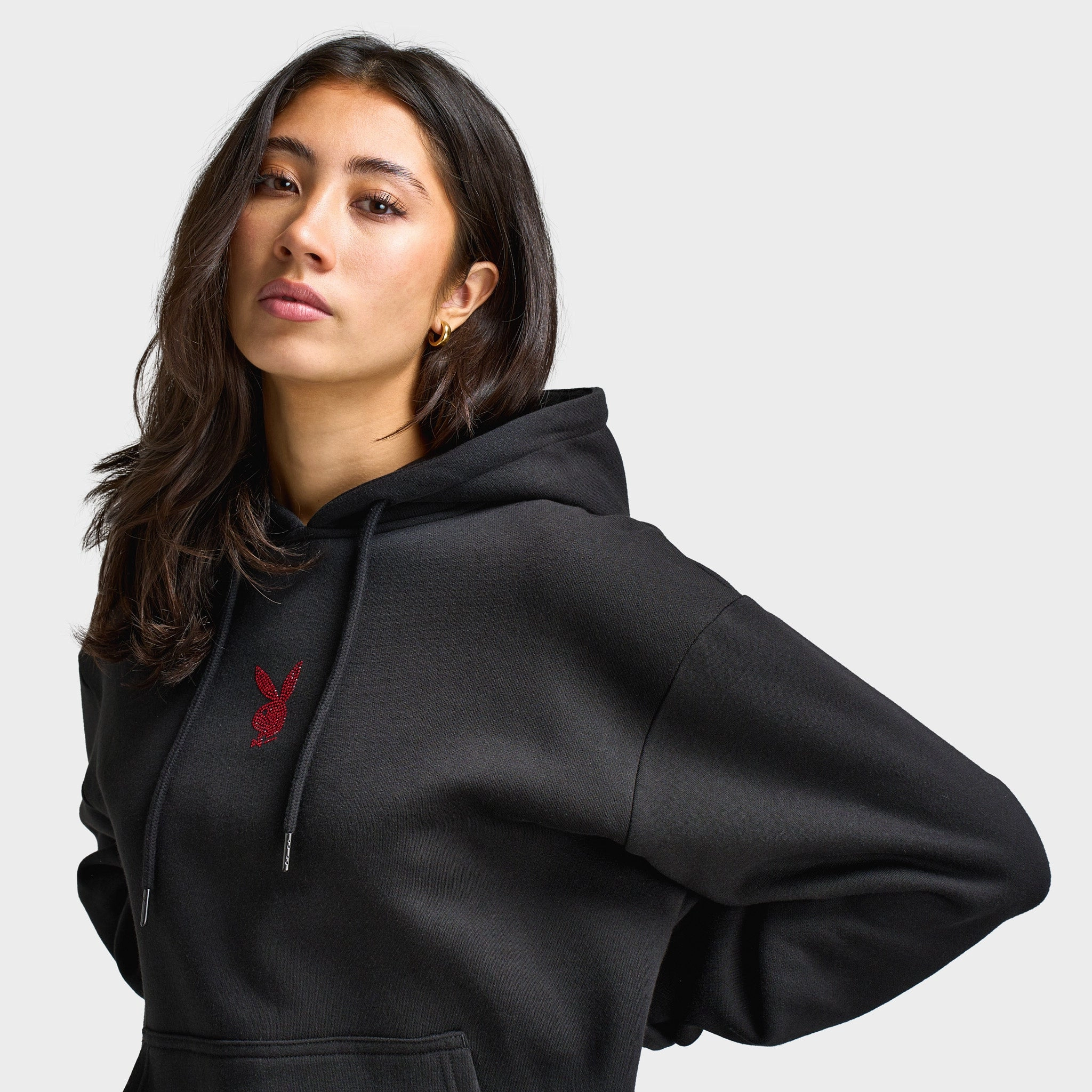 Reinforced Seam Construction Playboy Cherry Diamonte Hoodie / Black