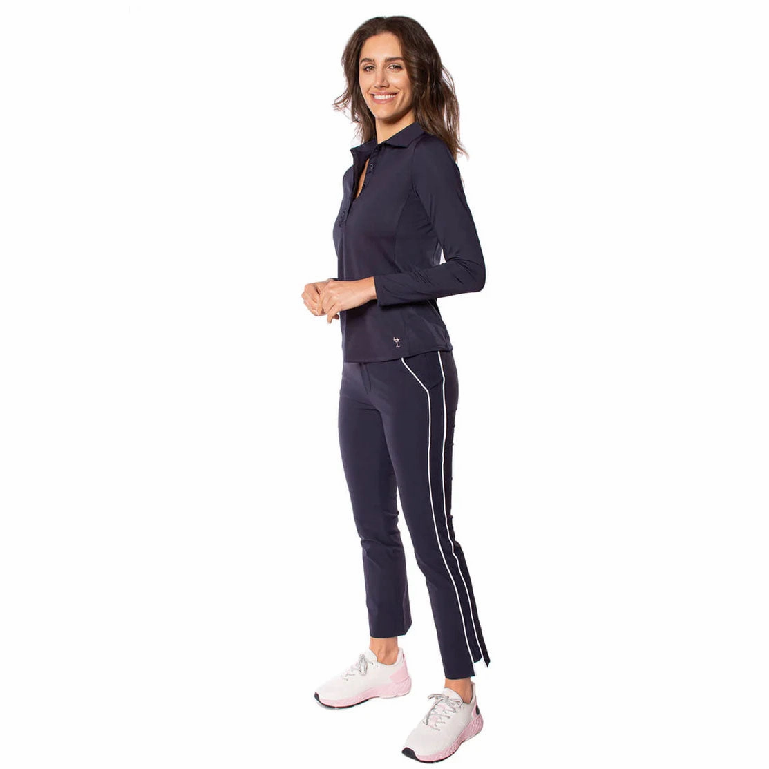 Smart Outfit Breathable Underarm Gusset Golftini Women's Long Sleeve Ruffle Golf Shirt - Navy