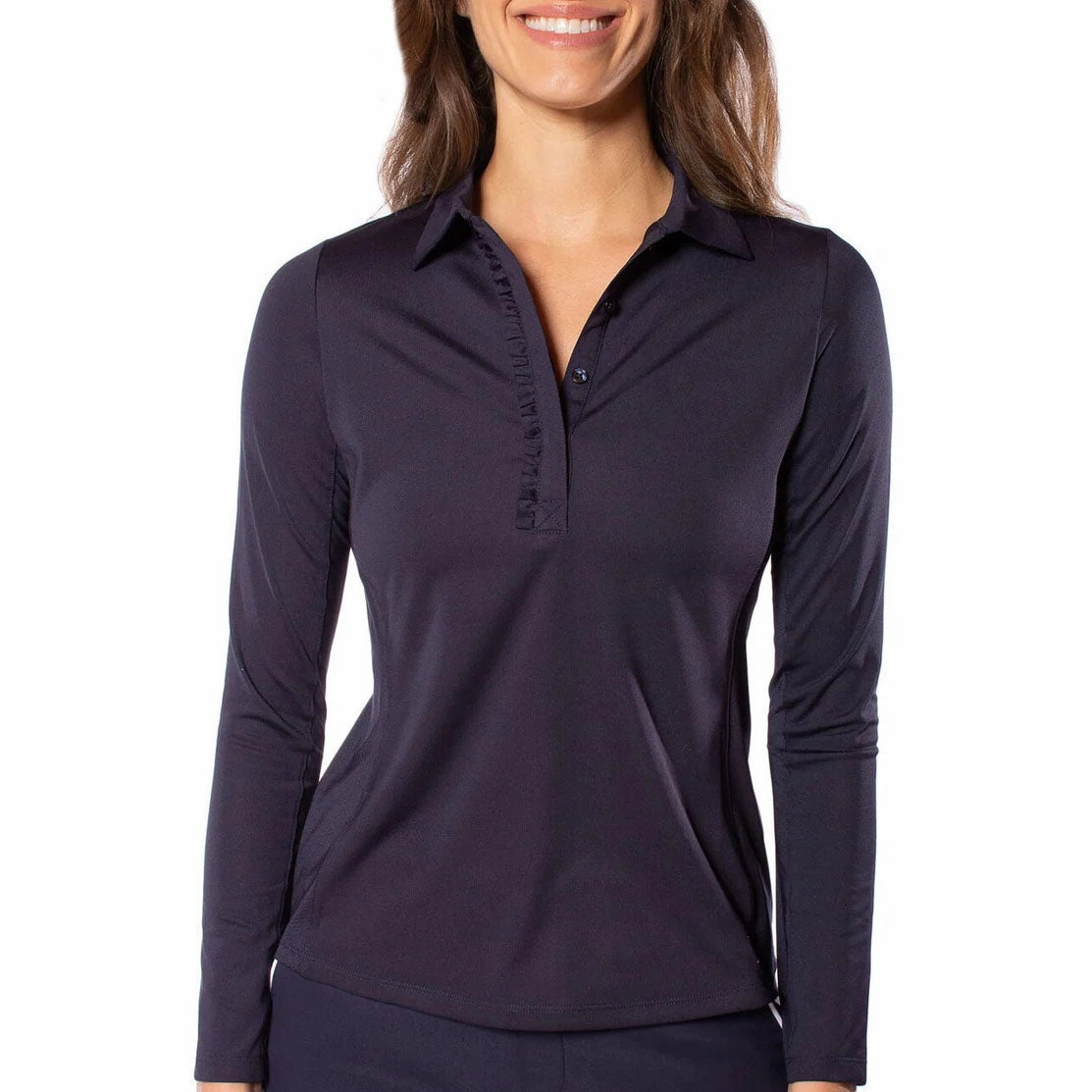 Short Sleeve Golftini Women's Long Sleeve Ruffle Golf Shirt - Navy