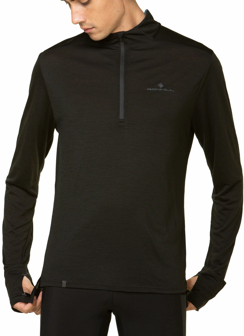 amusement park Silicone Grip Hemline Ronhill Tech Merino Half Zip Long Sleeve Mens Running Top - Black