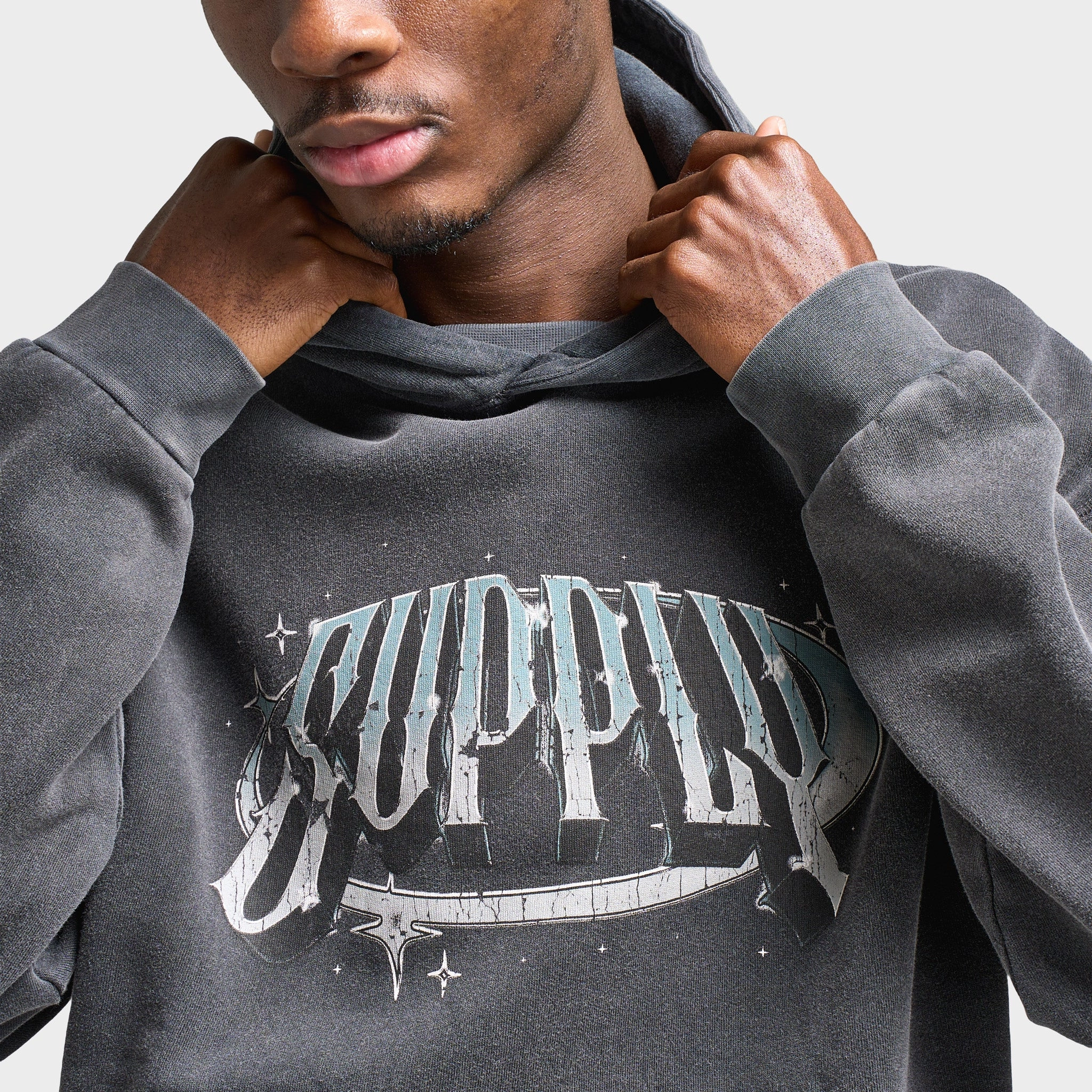 Supply & Demand Chrome Star Pullover Hoodie / Washed Black Four Way Stretch Thermal Retention Layer