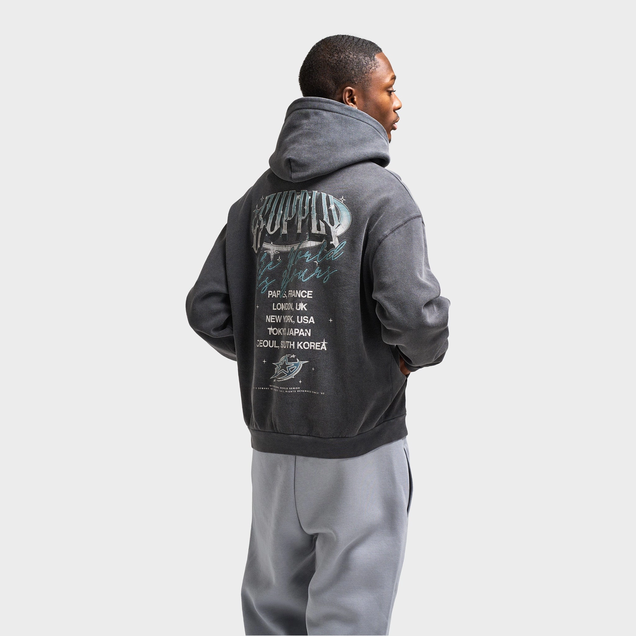 Supply & Demand Chrome Star Pullover Hoodie / Washed Black Heavyweight Fabric Breathable Membrane