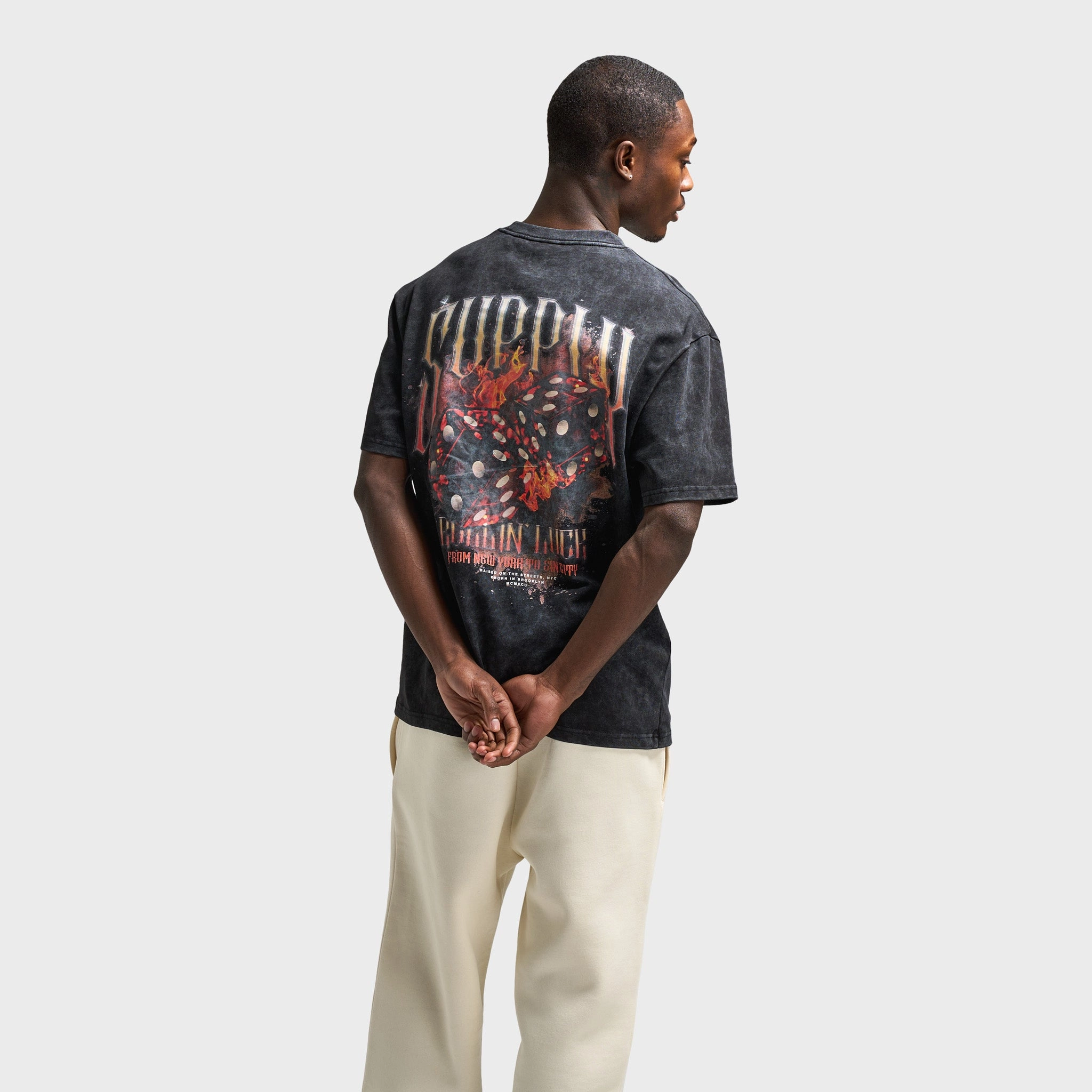 high - altitude use High Collar Design Supply & Demand Fire Dice Graphic T-Shirt / Washed Black