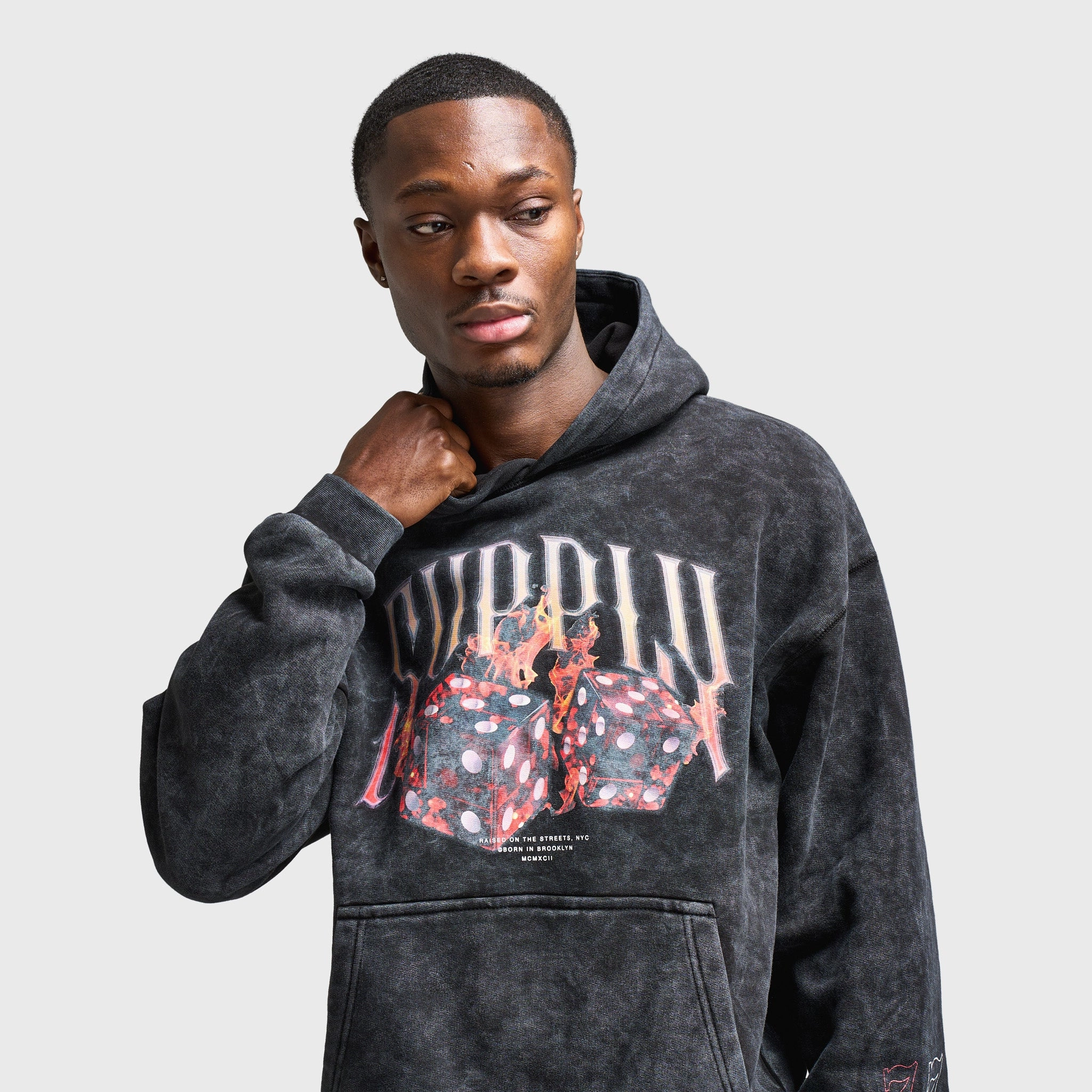 Quick Access Pockets Flexible Elasticity Supply & Demand Fire Dice Pullover Hoodie / Washed Black