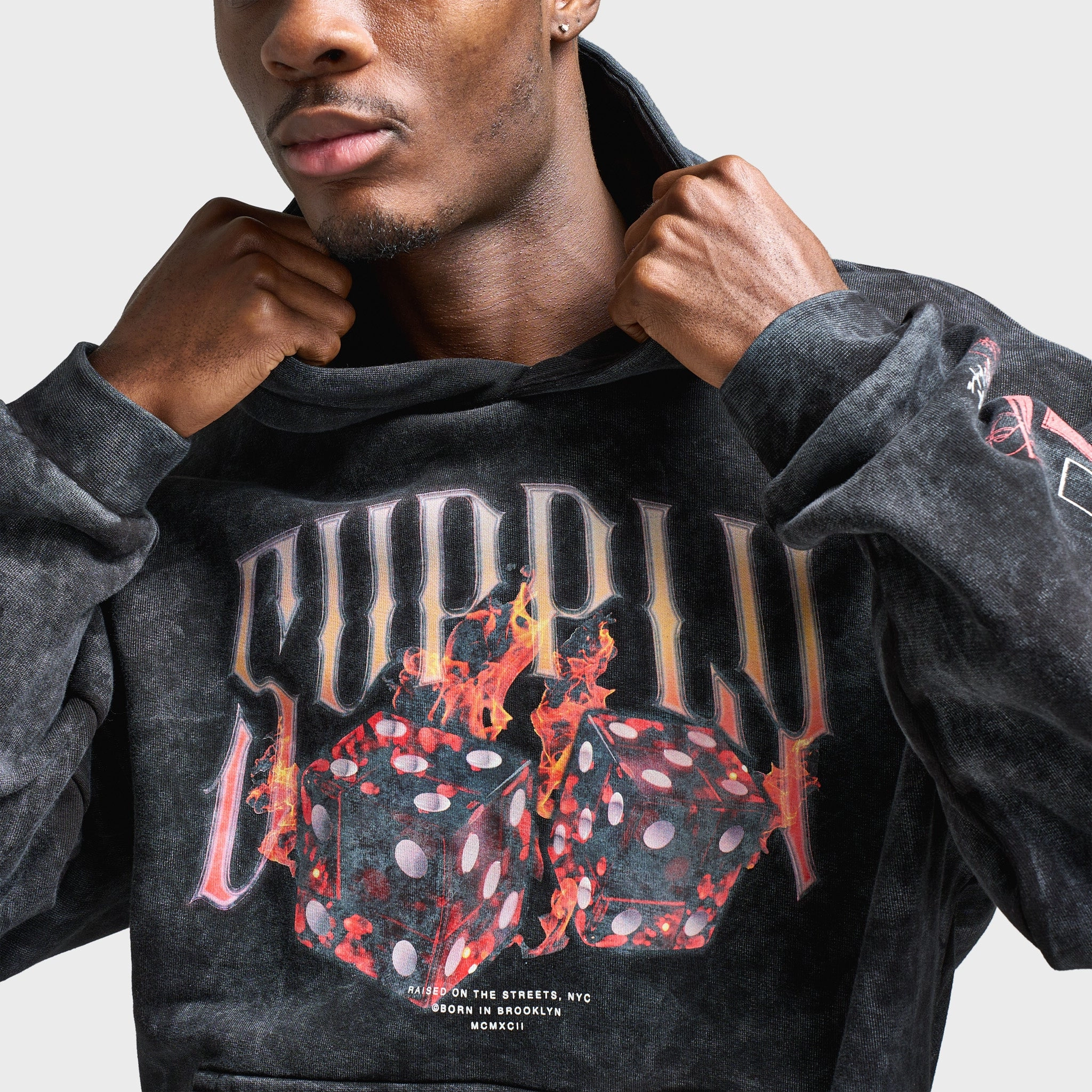 AllDay Comfort Design Windproof Closure Supply & Demand Fire Dice Pullover Hoodie / Washed Black