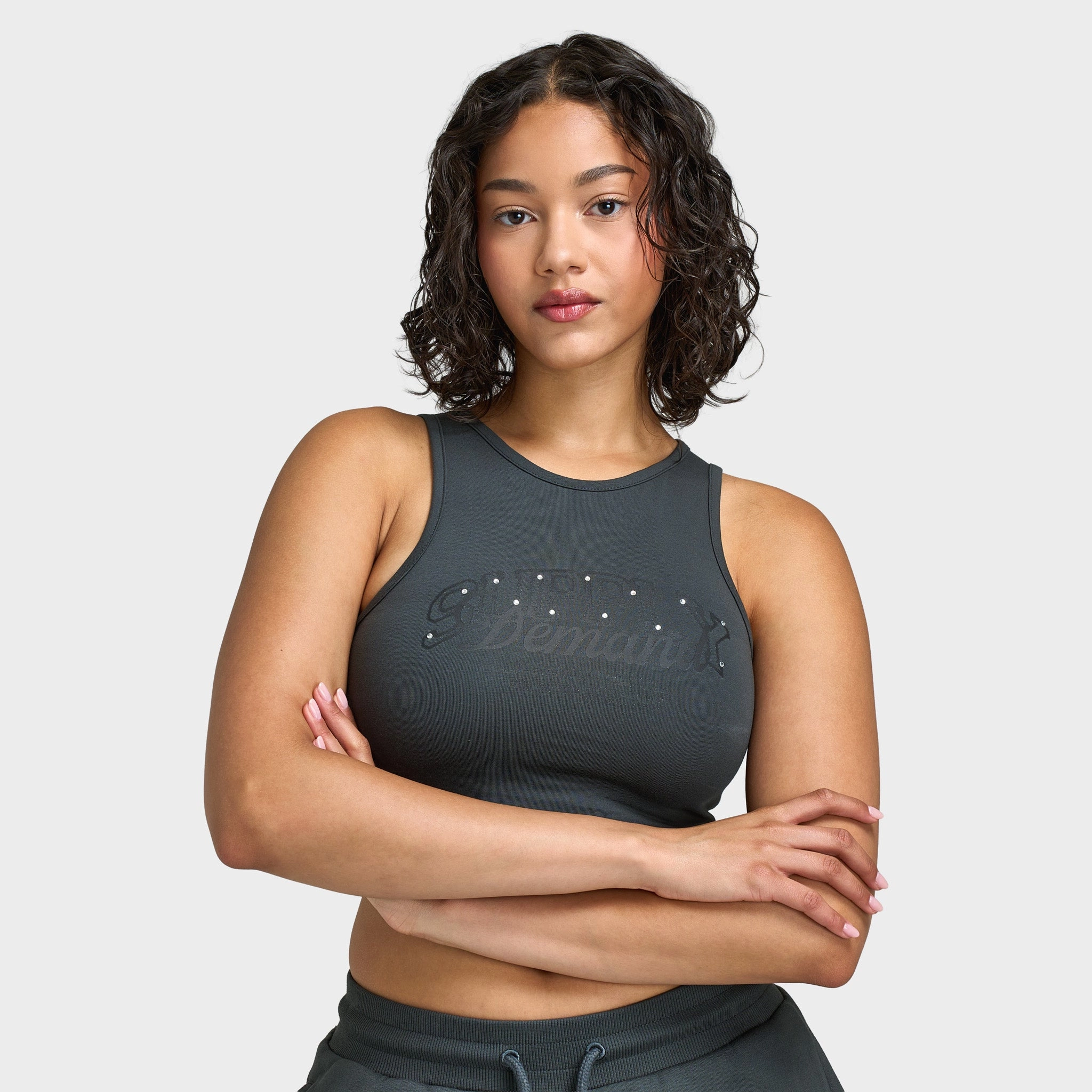 Stretchable Knit Heavyweight Weave Supply & Demand Women's Spray Tank / Dark Grey With Diamantes