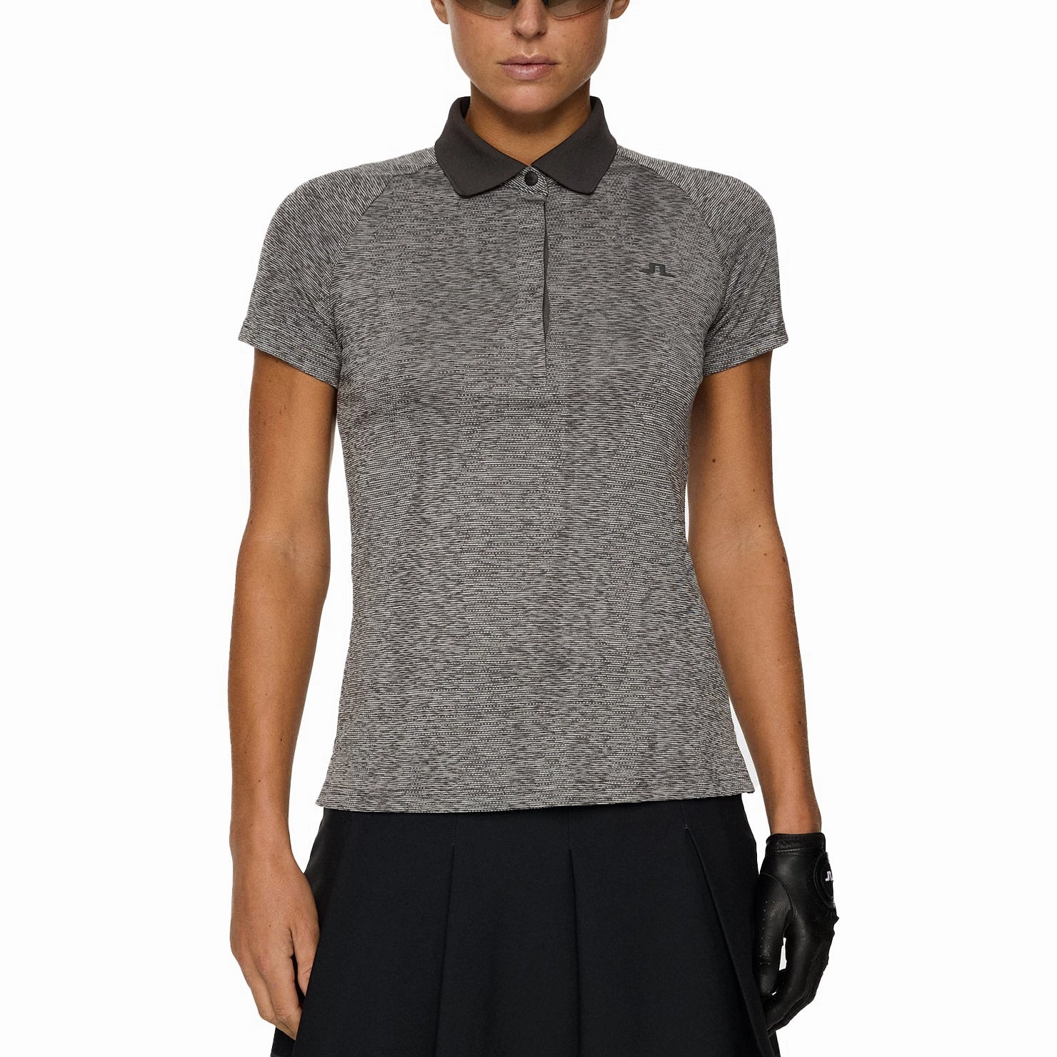 J.Lindeberg Women's Minnie Golf Polo Shirt - Dark Grey Melange Subtle ToneOnTone Stitching Relaxed Style
