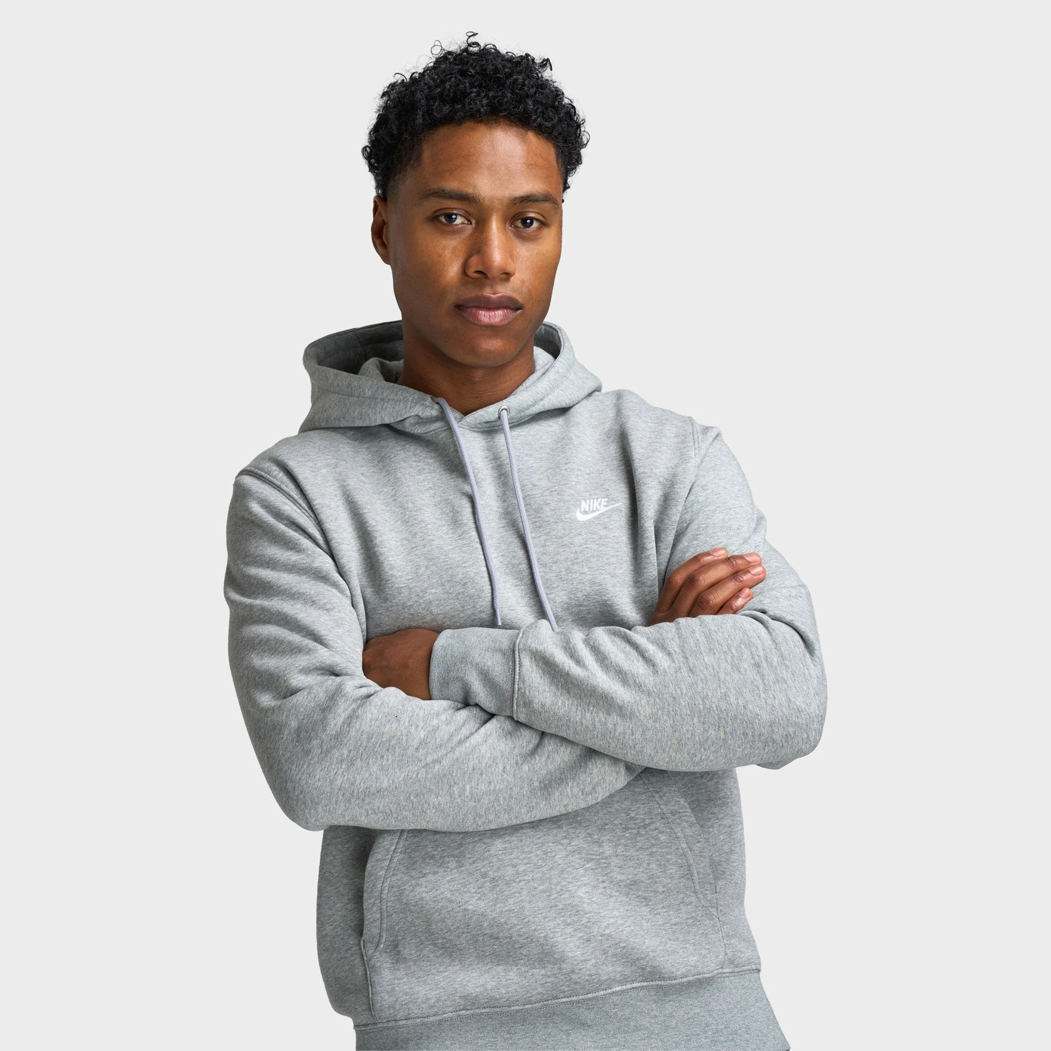 Nike Club Fleece Pullover Hoodie Dark Grey Heather / Light Smoke Grey - White Adjustable Fit Design Easy Fit