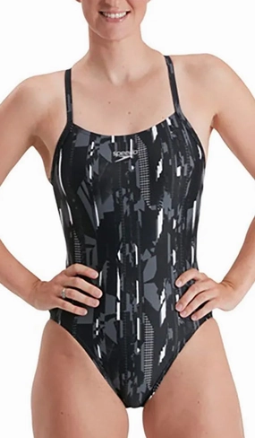 Eco Friendly Dye Process Low Profile Stitching Speedo Allover Rippleback Womens Swimsuit - Black
