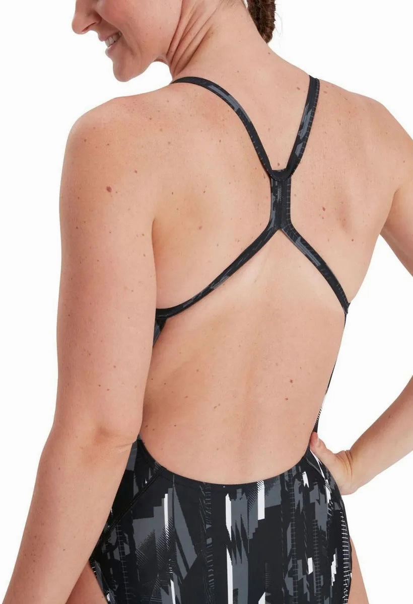 Speedo Allover Rippleback Womens Swimsuit - Black Moderate Coverage Multi Panel Design