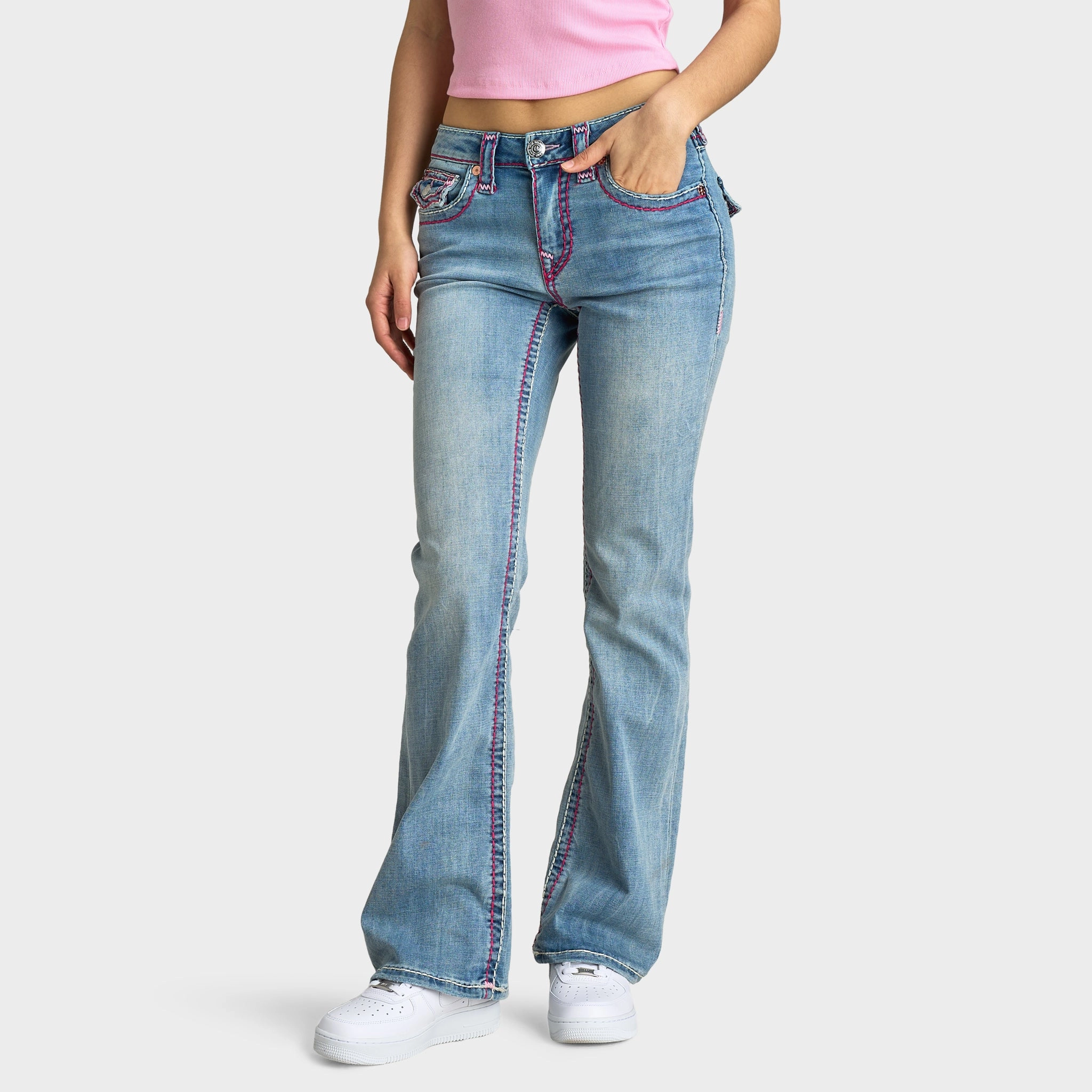 Minimalist Daily Wear Loose True Religion Women's Becca Mid Rise Bootcut Flap Sup T / California Poppy
