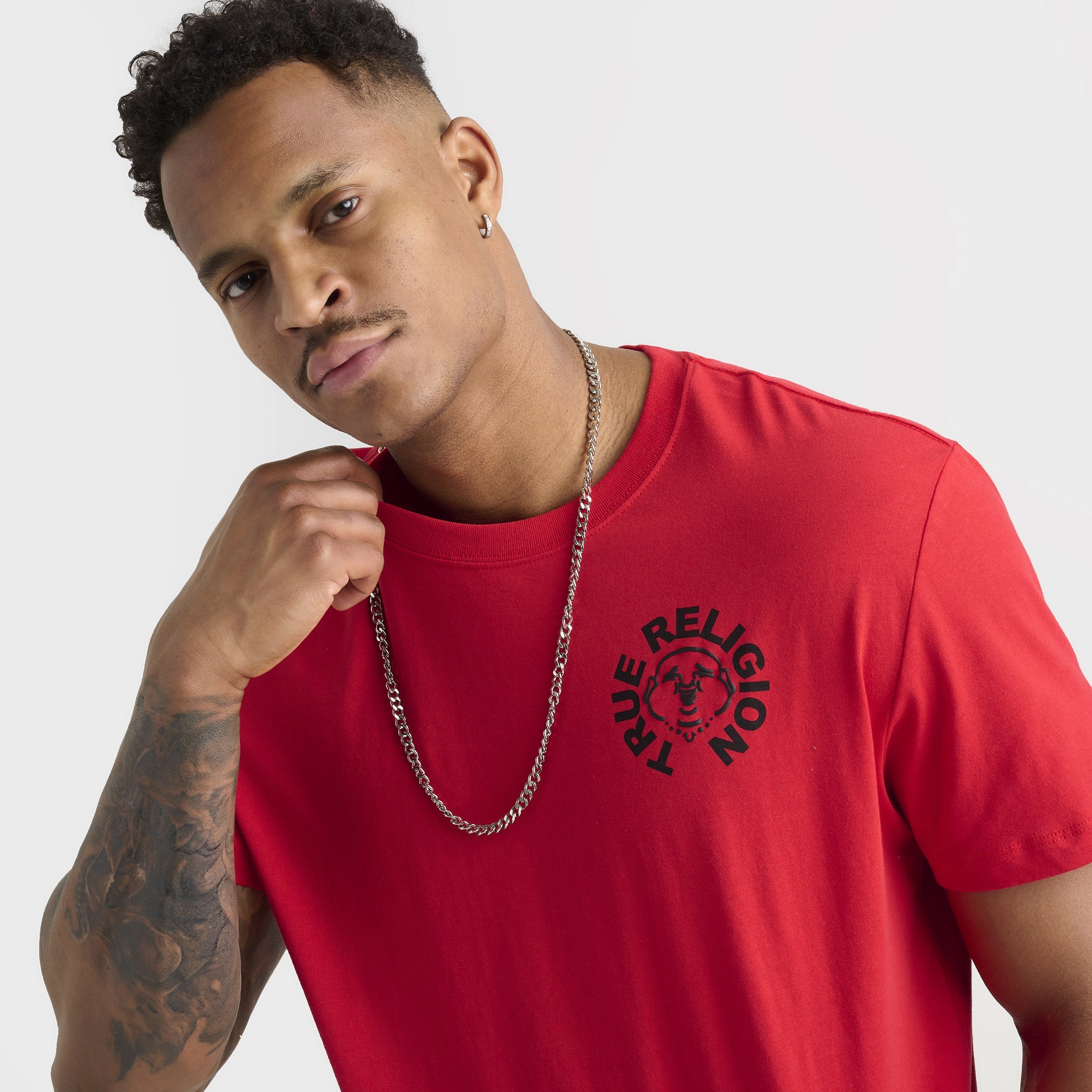 Water Resistant Finish Ribbed Trim True Religion Buddha Face Tee / Flame Scarlet