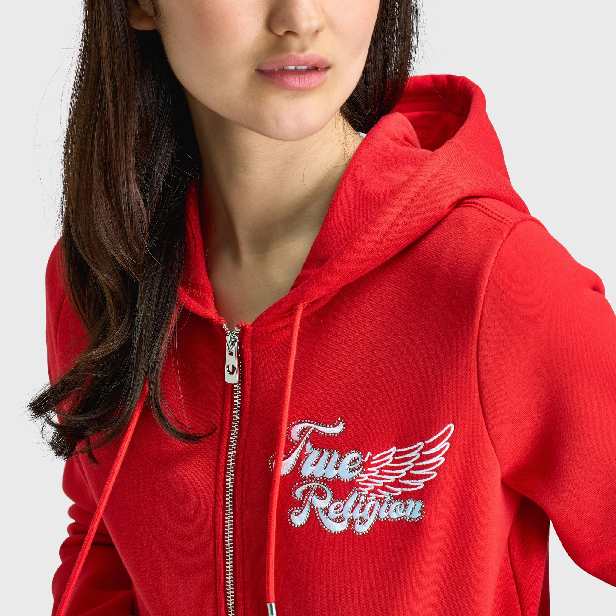 True Religion Crystal Wing Classic Zip Hoodie / Flame Scarlet EcoFriendly Dye