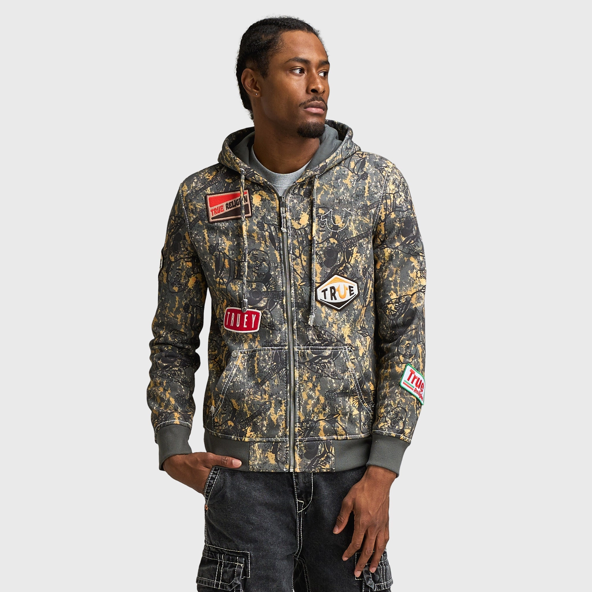 Adjustable Drawstring Waist True Religion Patch Buddha Camo Big T Full Zip Hoodie / Buddha Camo