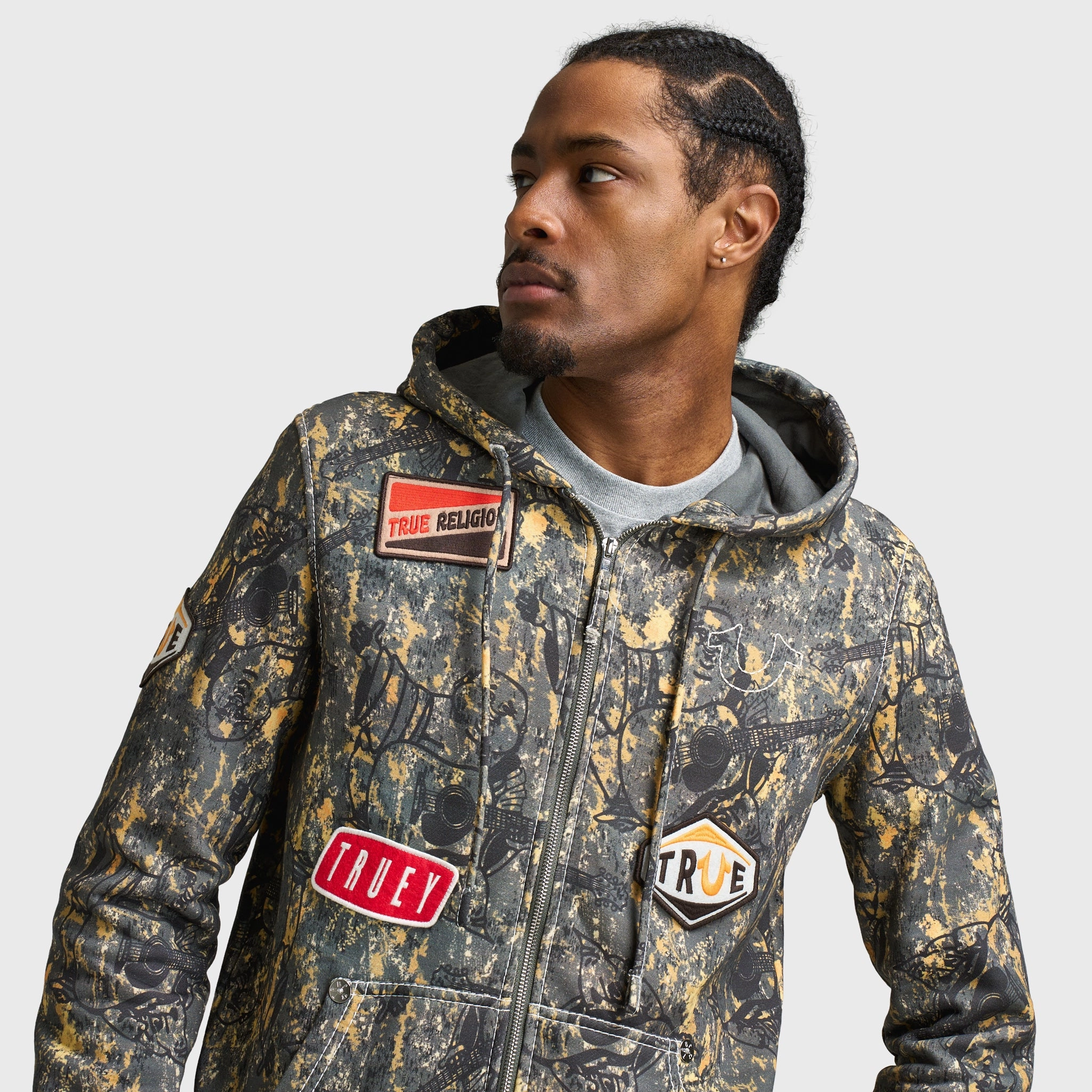 True Religion Patch Buddha Camo Big T Full Zip Hoodie / Buddha Camo Zipper Closure System Multi Directional Stretch