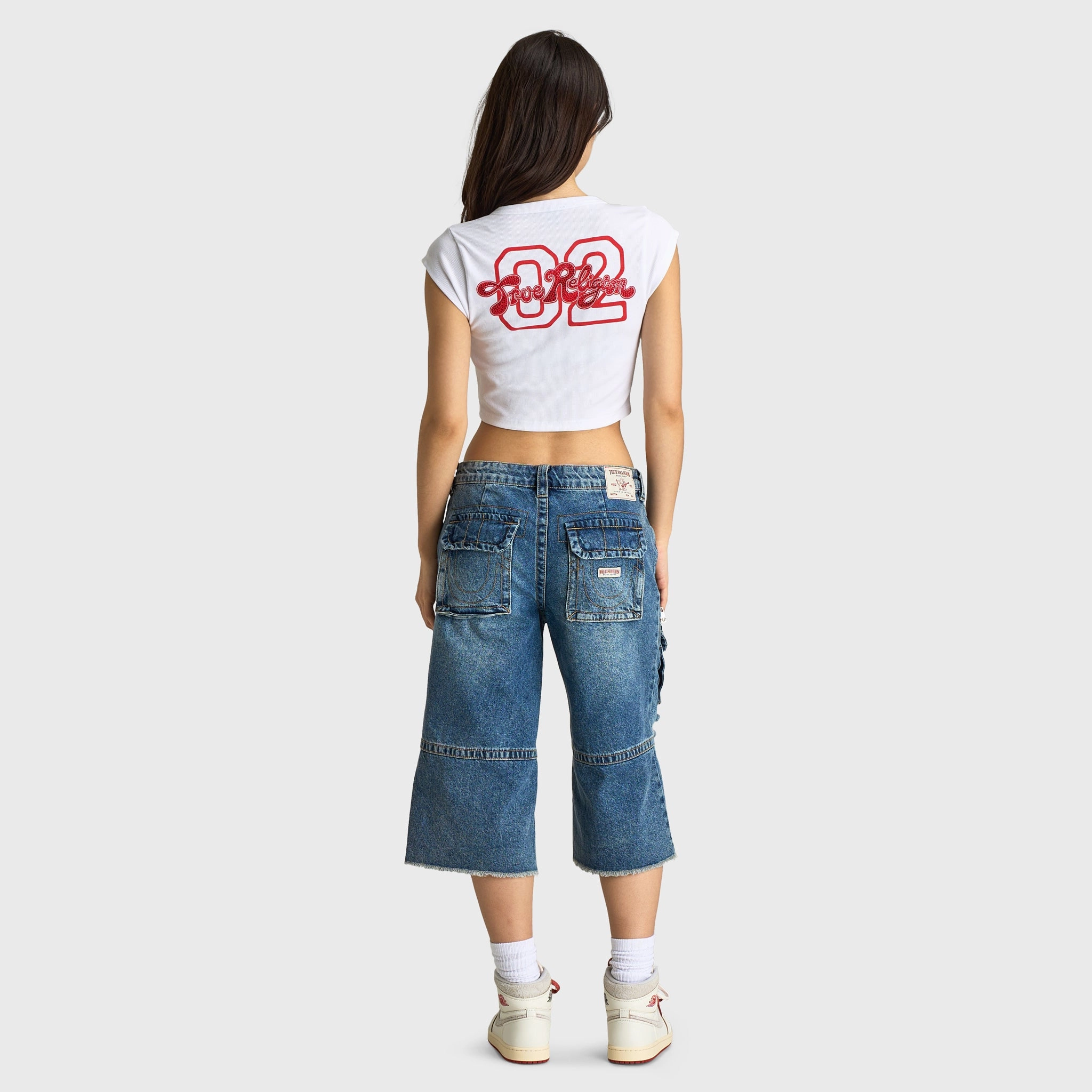 True Religion Women's Crystal Notch Cap Sleeves Tee / White Cool and Comfortable