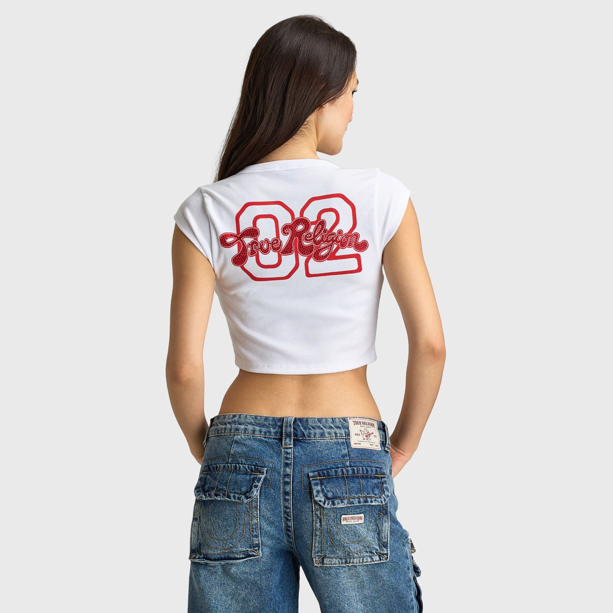 Simple Comfort Wear True Religion Women's Crystal Notch Cap Sleeves Tee / White
