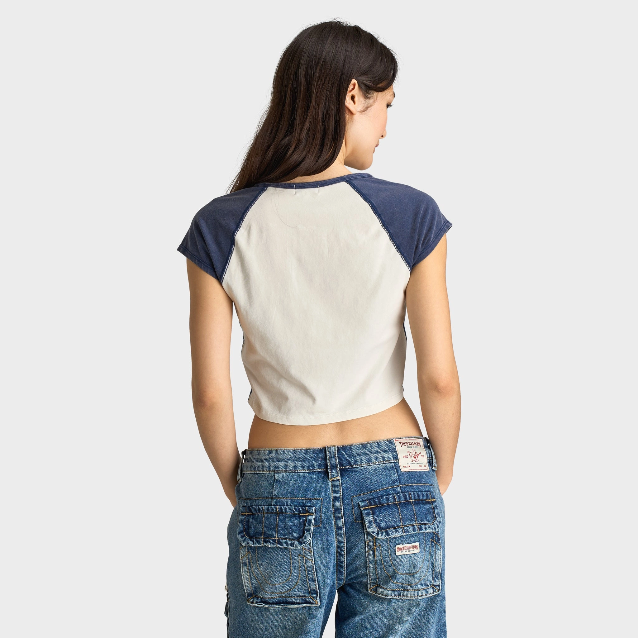TearResistant Fabric True Religion Women's Raglan Slim Tee White / Navy