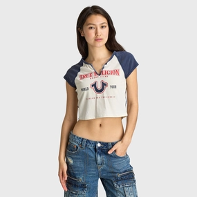 Sustainable Production Process Eco Certified Textile True Religion Women's Raglan Slim Tee White / Navy