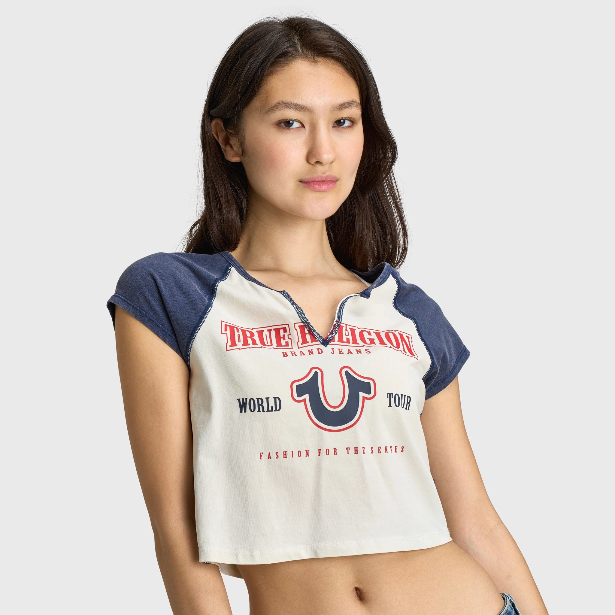 True Religion Women's Raglan Slim Tee White / Navy Machine washable Soft and Cozy