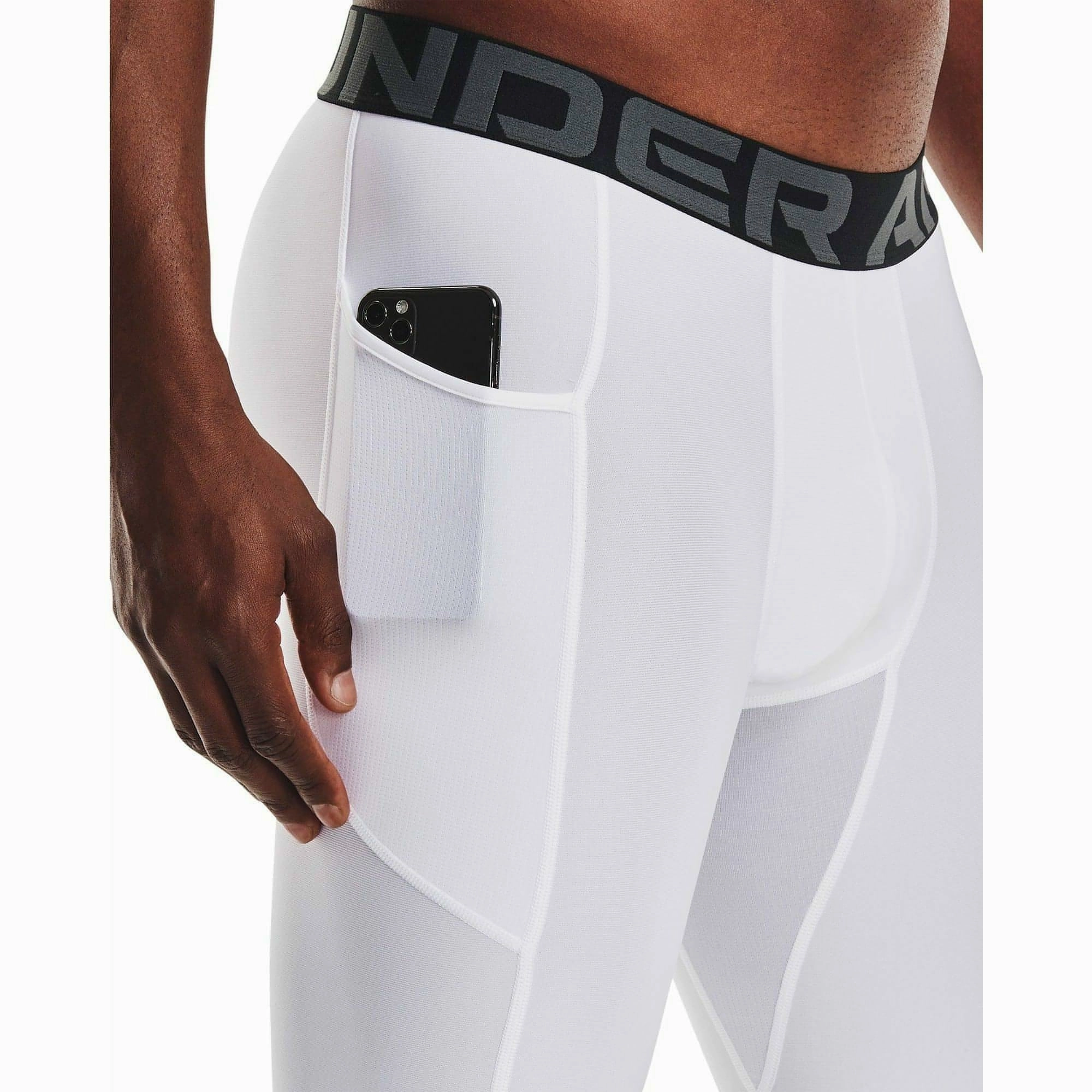 ZeroRestrictionMobility MachineWashable Under Armour HeatGear Pocket Long Mens Short Compression Tights - White