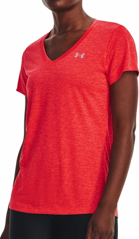 VintageWash Double Stitched Hem Under Armour Tech Twist V-Neck Short Sleeve Womens Running Top - Red