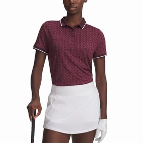 Under Armour Women's Drive Jacquard Golf Polo Shirt - Dark Maroon/Fuchsia Dusk/White Tailored Comfort