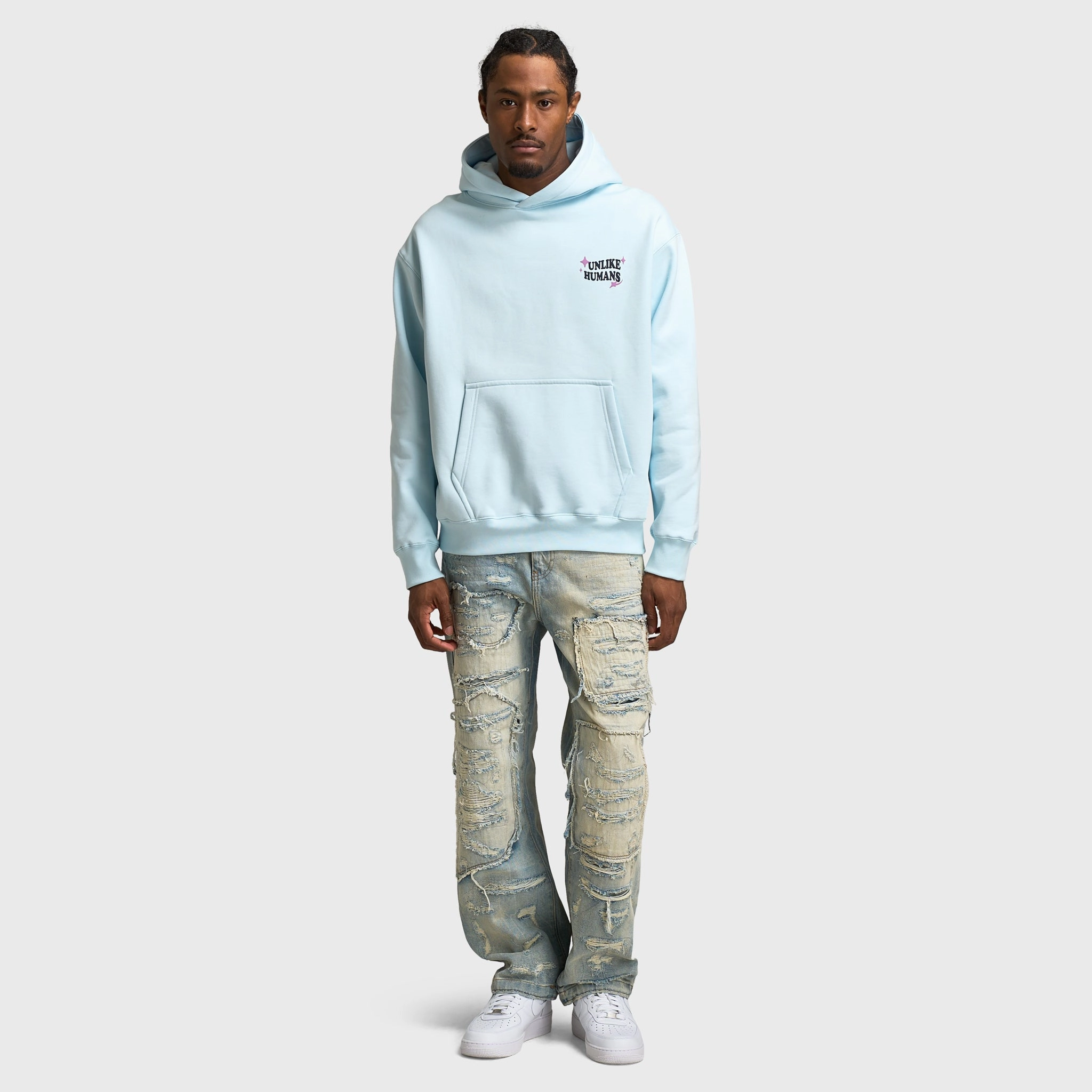 Headphone Hole ReversibleStyle Unlike Humans Good Days Pullover Hoodie / Delicate Blue