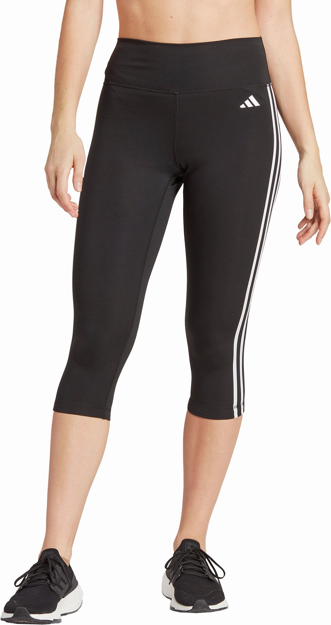 NonSlip Grips Icon Fit adidas Train Essentials 3 Stripes Womens 3/4 Capri Training Tights - Black