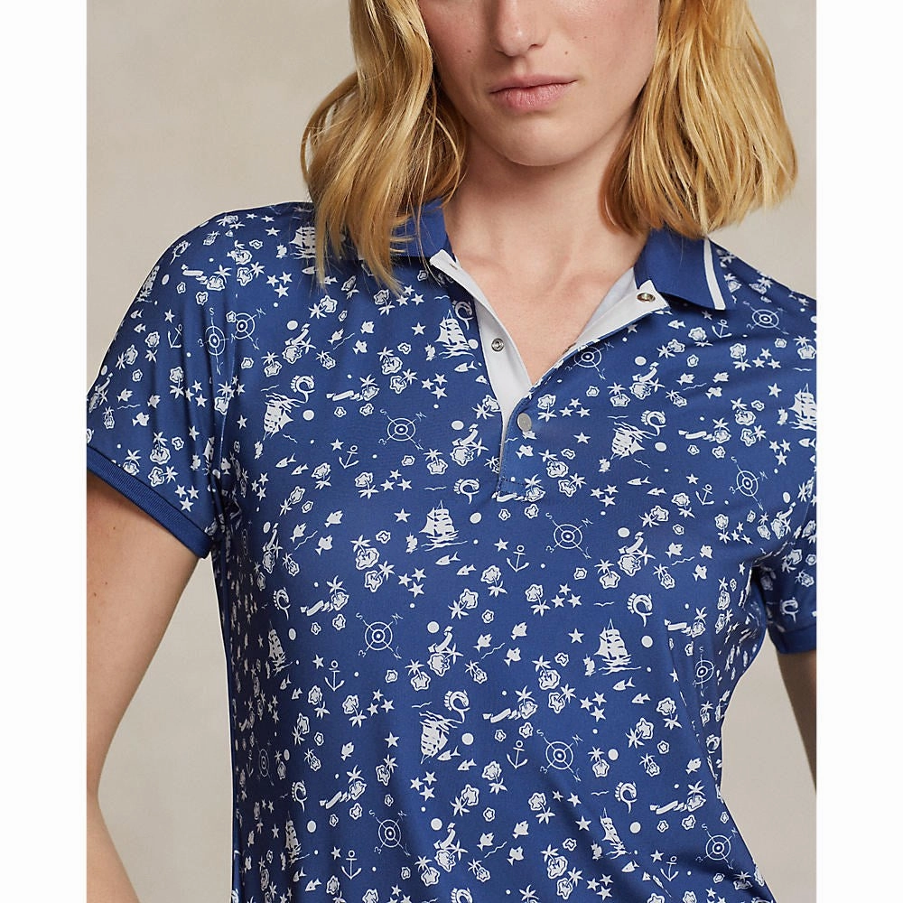 DoubleLayered Hem Binding Slim Fit Style RLX Ralph Lauren Women's Printed Airflow Golf Polo Shirt - Nautical Cnv/Beach Royal