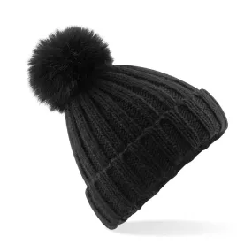 All weather Ultraviolet Protection Verbier Fur Pom Pom Chunky Beanie | BLACK