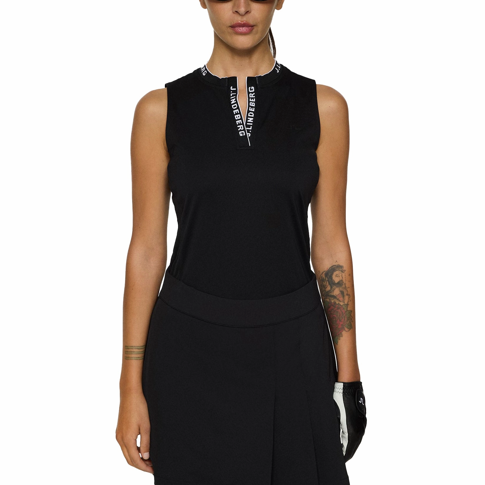 Stylish Collar Sustainable Production Certification J.Lindeberg Women's Leya Sleeveless Golf Shirt - Black