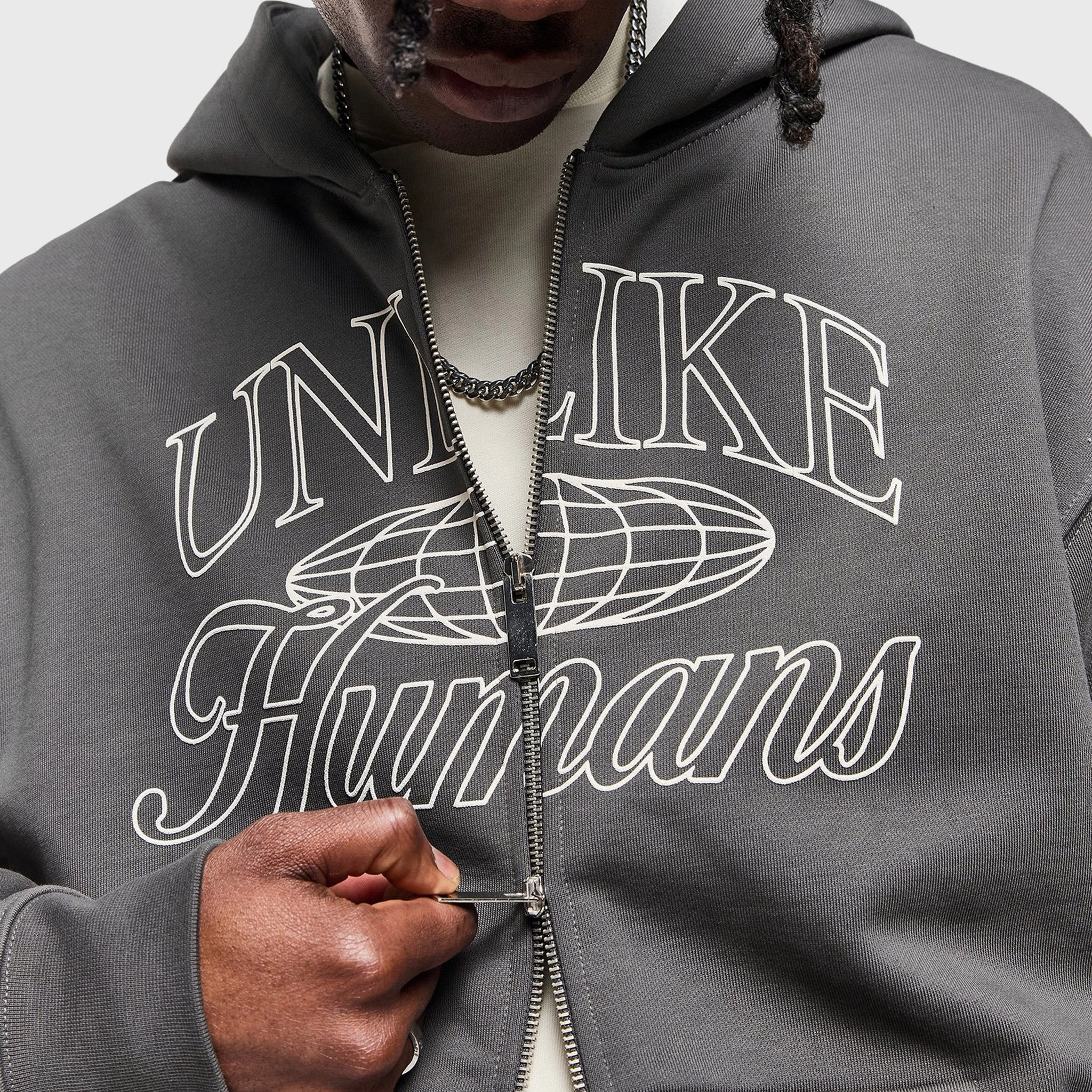 Ultra Soft Brushed Interior Low Profile Insulation Unlike Humans Inter Full Zip Hoodie / Volcanic Ash