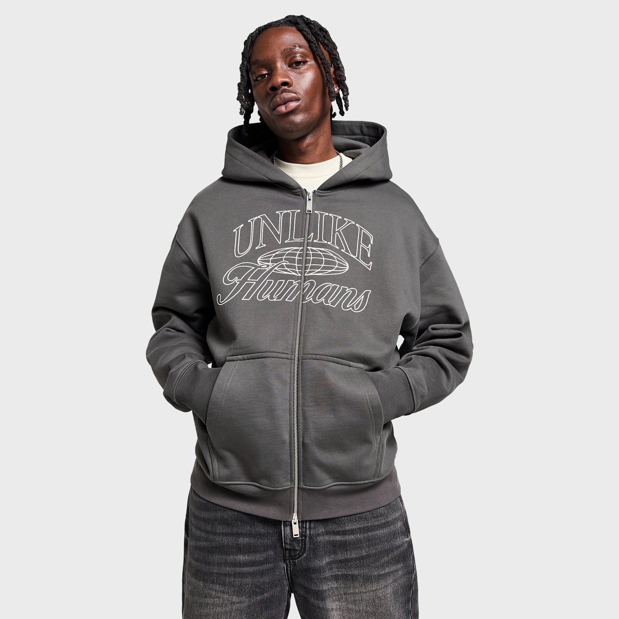 Unlike Humans Inter Full Zip Hoodie / Volcanic Ash High Collar PFC Free Treatment