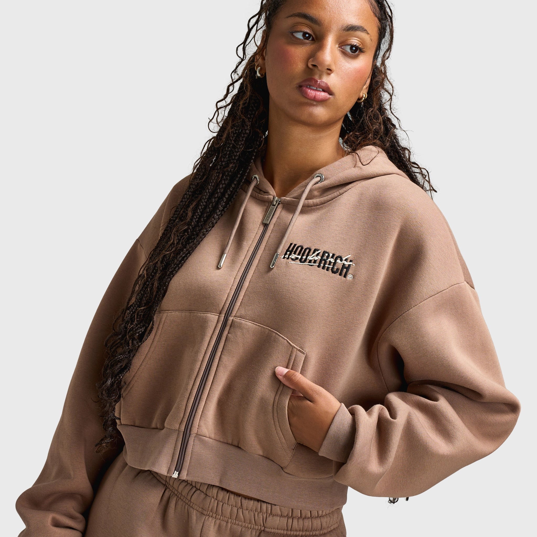 Hoodrich Women's Zip Through Boxy Hoodie Portabella / Black - Whitecap Gray Ripstop Technology