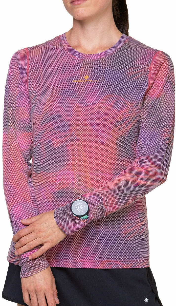 Ronhill Tech Golden Hour Long Sleeve Womens Running Top - Pink Piped