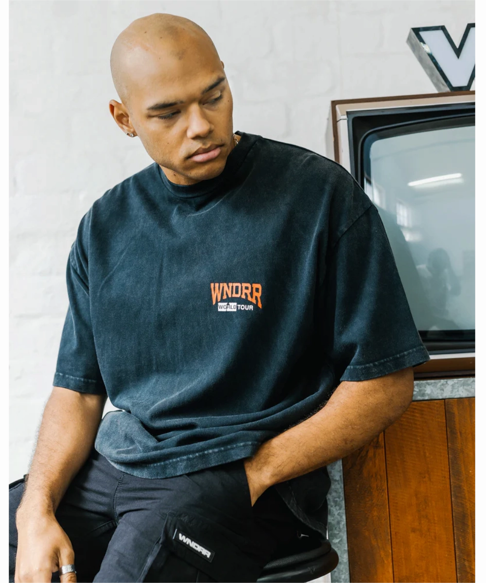 WNDRR World Tour Heavy Weight Tee (Washed Black) DoubleLayered Collar