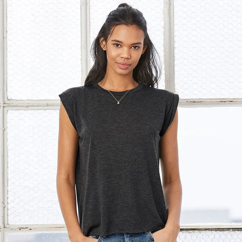 WrinkleResistant Fabric AdjustableHemline Women's Flowy Muscle Tee With Rolled Cuff | BLACK