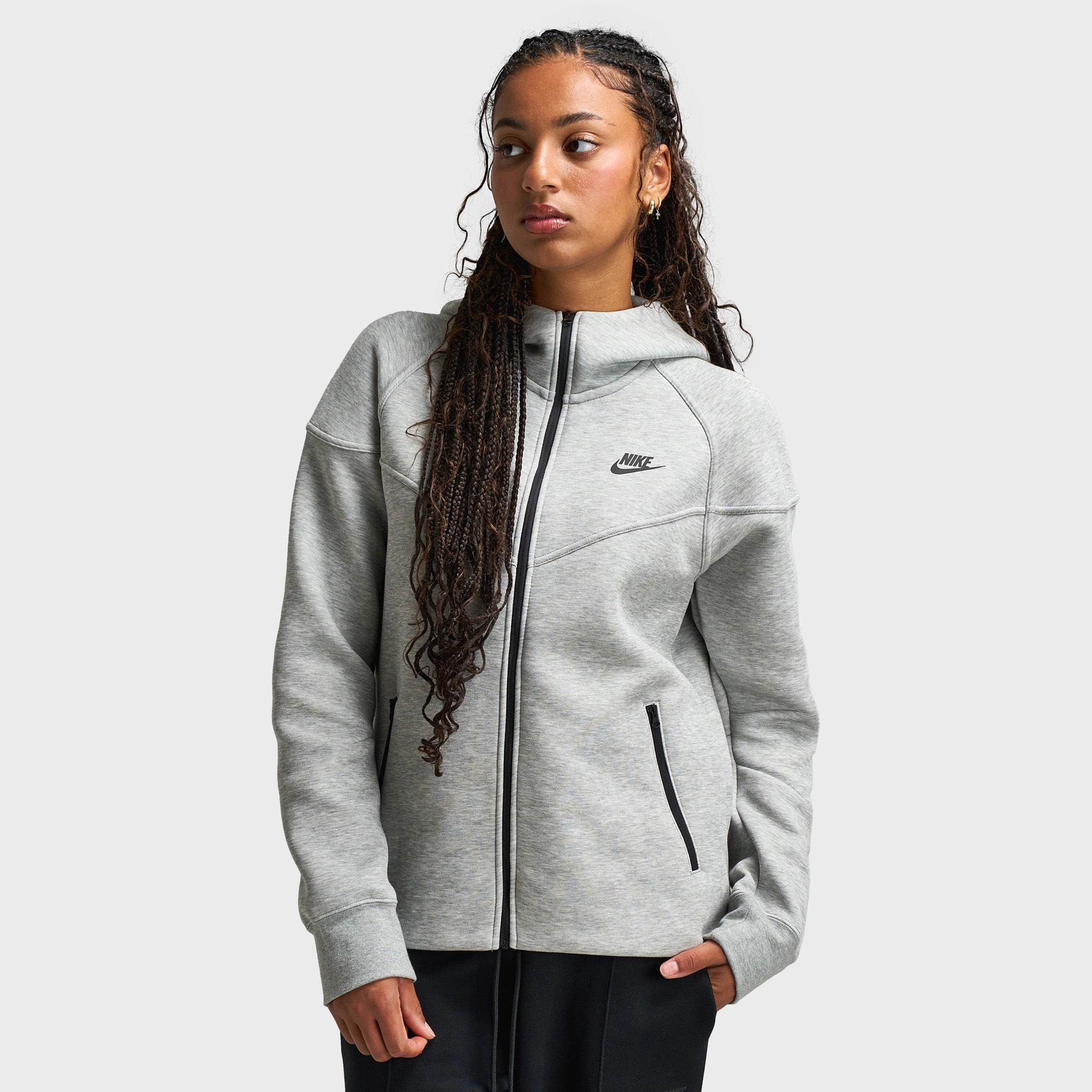 Nike Sportswear Women's Tech Fleece Windrunner Full-Zip Hoodie Dark Grey Heather / Black Seam Sealed Technology Green Material