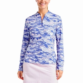 Matte Surface Texture AllPurpose Knitting Nivo Women's Lolita UV Long Sleeve Mock Neck Golf Shirt - Cobalt