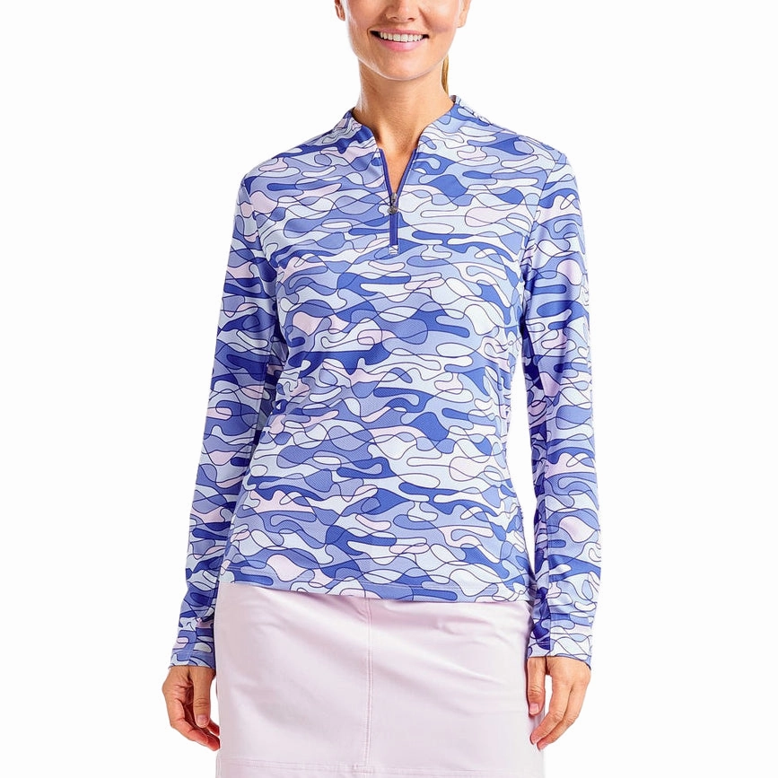 Garment Washed Finish Reinforced Stitching Nivo Women's Lolita UV Long Sleeve Mock Neck Golf Shirt - Cobalt